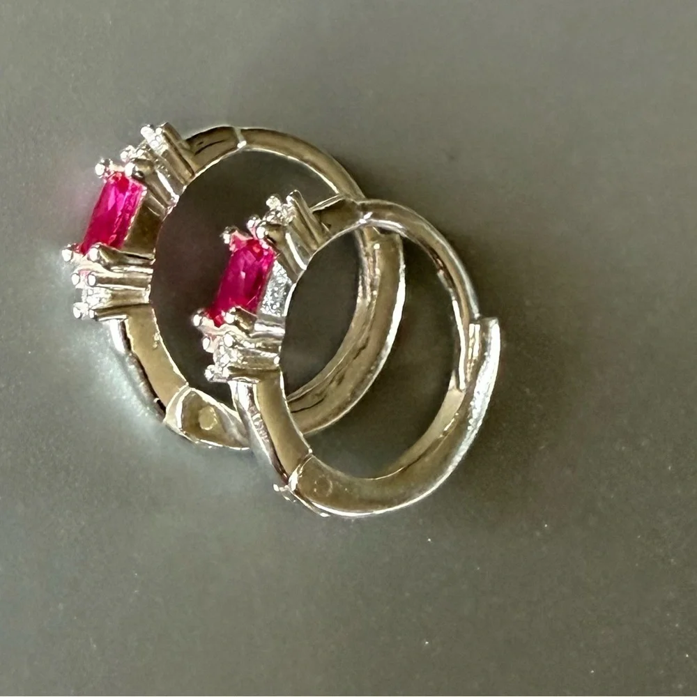 Sterling Silver Ruby Baguette Huggie Hoop Earrings 11mm